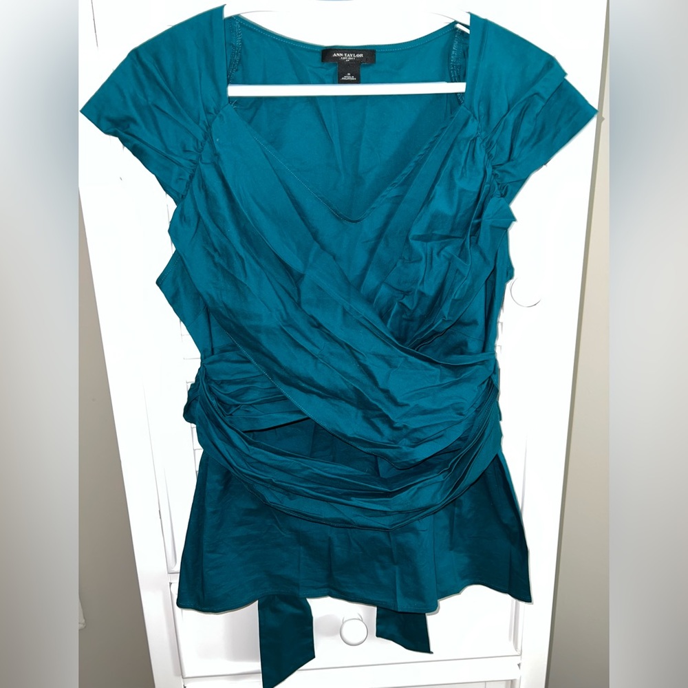 Ann Taylor jade green cotton blend cap sleeve v-neck wrap top blouse Size 16